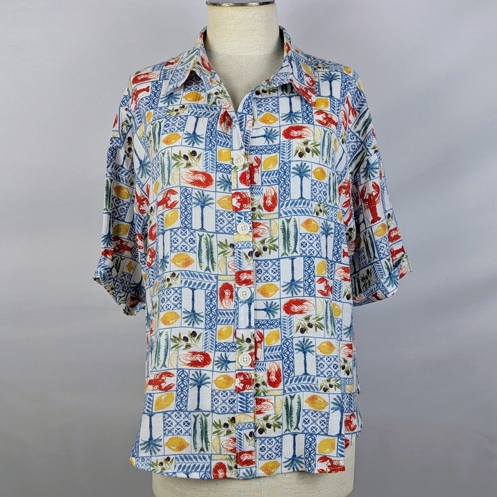 East Of June Shirt Coastal Lobster Shrimp Sardines Lemons Olives Palm Tree L NWT